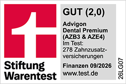 Siegel Stiftung Warentest 09/2026 - Tarif AZB3 & AZE4, Testnote 2,0 Gut 