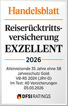 Siegel Handelsblatt 2026, Reiserücktrittsversicherung Alleinreisende, Exzellent