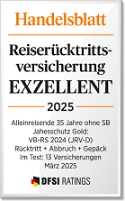 Siegel Handelsblatt 2025, Reiserücktrittsversicherung Alleinreisende, Exzellent