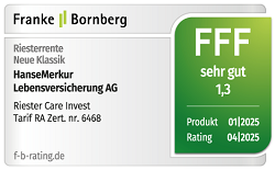 Siegel Franke Bornberg 2025 - Riester Care Invest, Auszeichnung 1,3 sehr gut
