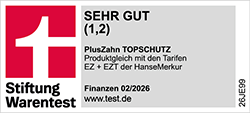 Siegel Stiftung Warentest 02/2026 - Tarif PlusZahn TOPSCHUTZ, Testnote 1,2