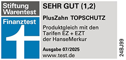 Siegel Stiftung Warentest 07/2025 - Tarif PlusZahn TOPSCHUTZ, Testnote 1,2