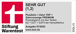 Siegel Stiftung Warentest 07/2025 - Tarif PlusZahn + Zahn TOP + Zahnvorsorge PREMIUM, Testnote 1,2