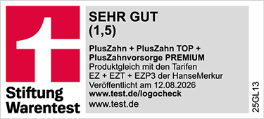 Siegel Stiftung Warentest 07/2025 - Tarif PlusZahn + Zahn TOP + Zahnvorsorge PREMIUM, Testnote 1,2