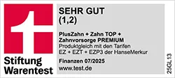 Siegel Stiftung Warentest 07/2025 - Tarif PlusZahn + Zahn TOP + Zahnvorsorge PREMIUM, Testnote 1,2