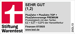 Siegel Stiftung Warentest 07/2025 - Tarif PlusZahn + Zahn TOP + Zahnvorsorge PREMIUM, Testnote 1,2