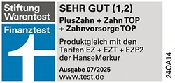 Siegel Stiftung Warentest 07/2025 - Tarif PlusZahn + Zahn TOP + Zahnvorsorge TOP, Testnote 1,2