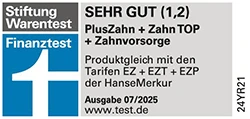 Siegel Stiftung Warentest 07/2025 - Tarif PlusZahn + Zahn TOP + Zahnvorsorge, Testnote 1,2