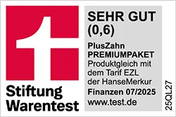 Siegel Stiftung Warentest 07/2025 - Tarif PlusZahn PREMIUMPAKET, Testnote 0,6