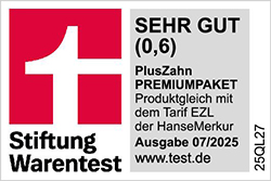 Siegel Stiftung Warentest 07/2025 - Tarif PlusZahn PREMIUMPAKET, Testnote 0,6