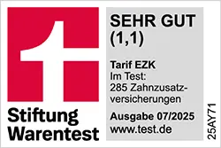 Siegel Stiftung Warentest 07/2025 - Tarif EZL, Testnote 1,1
