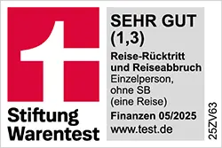 Siegel Stiftung Warentest 05/2025 - Reise-Rücktritt und Reiseabbruch Einzelperson, Testnote 1,3
