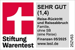 Siegel Stiftung Warentest 05/2025 - Reise-Rücktritt und Reiseabbruch Familie, Testnote 1,4