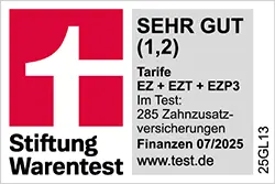 Siegel Stiftung Warentest 07/2025 - Tarif EZ + EZT + EZP3, Testnote 1,2