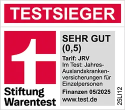 Siegel Stiftung Warentest 05/2025 - Jahres-Auslandskrankenversicherung Einzelpersonen , Testnote 0,5, TESTSIEGER