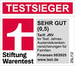 Siegel Stiftung Warentest 05/2025 - Jahres-Auslandskrankenversicherung Familie, Testnote 0,5, TESTSIEGER