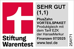 Siegel Stiftung Warentest 07/2025 - Tarif PlusZahn VORTEILSPAKET, Testnote 1,1