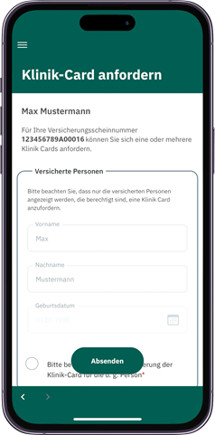 Klinik Card anfordern in der App