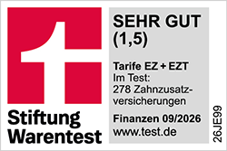 Siegel Stiftung Warentest 09/2026 - Tarif EZ + EZT, Testnote 1,5