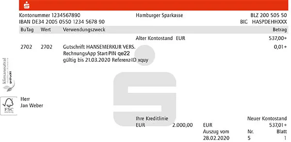 Kontoauszug mit Start-PIN und Referenz-ID