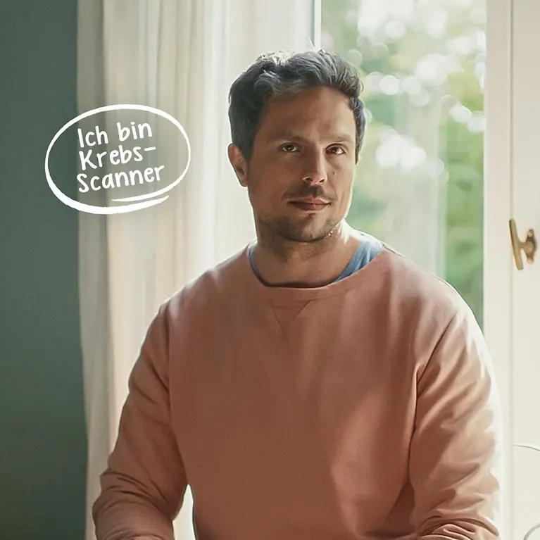 Mann mit Sprechblase "Ich bin Krebs-Scanner" - Krebs-Scan