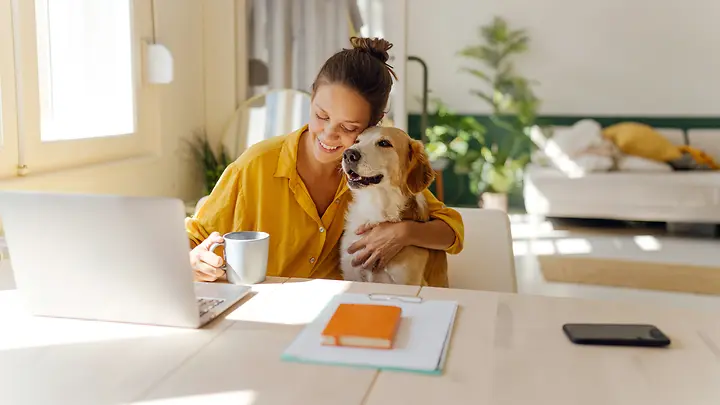 Golden Retriever mit Besitzerin am Tisch 